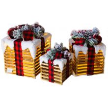 Set of 3 Christmas Decorations Under Tree Light Up LED Gift Box Presents - Red Tartan