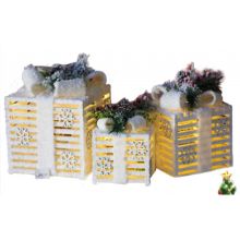 Set of 3 Christmas Decorations Under Tree Light Up LED Gift Box Presents - White Frosted Snow Ribbon