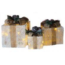 Set of 3 Christmas Decorations Under Tree Light Up LED Gift Box Presents - White / Beige Rustic Ribbon