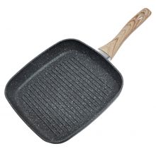 Schallen Grey Marble Large Induction Electric Gas 26cm Griddle Grill Pan - Wooden Handle