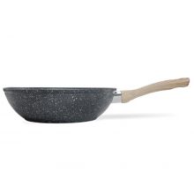 Schallen Non Stick Anthracite Grey Marble Induction Electric Gas WOK Deep Frying Pan - Wooden Soft Handle