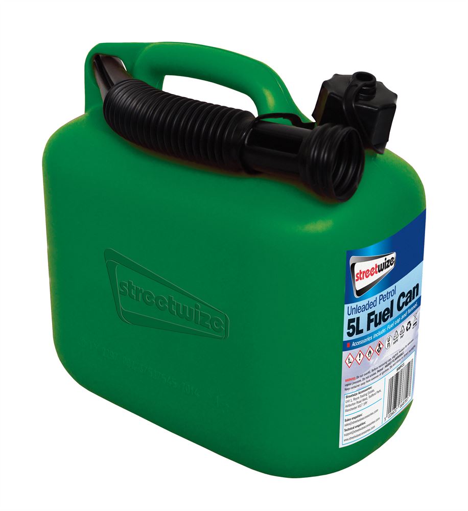 Streetwize SWFC1 Fuel Can 5L Green Plastic Unleaded Petrol Carry Handle Funnel 